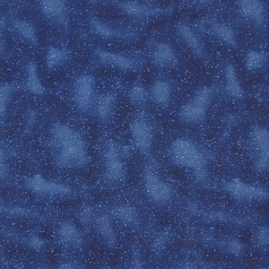 May include: A seamless fabric pattern in shades of blue, featuring a speckled design. The pattern has a dark blue base with lighter blue, cloud-like shapes and small, scattered white dots, creating a textured appearance.