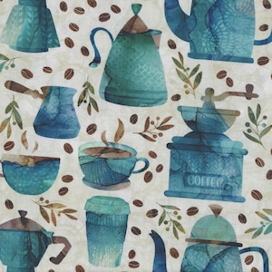 May include: A seamless pattern featuring a variety of coffee-themed illustrations, including coffee pots, mugs, a coffee grinder, and coffee beans. The illustrations are in shades of blue and green on a cream background.