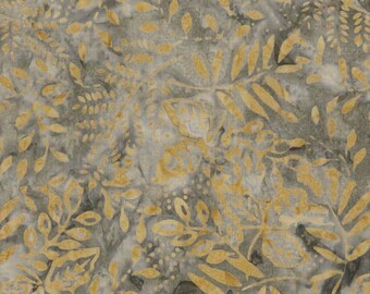 END of BOLT 48-inch, Northcott Banyan Batik Quilt Cotton, Painted Leaves Golden Slate 80364-52