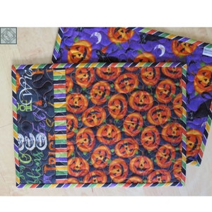 Quilted Mug Rug | Snack Mat, Festive Feline Pumpkin Stripe #2017