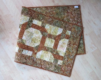 Quilted Table Runner, 17.5x43-inch Batik Woven Squares Gold 2167
