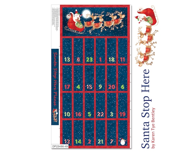 Santa Stop Here Advent Calendar Panel Navy Cotton Quilt Fabric