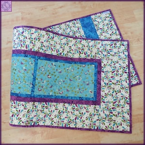 Quilted Table Runner, 16.5x45-inch, Purple Blue Songbird #864