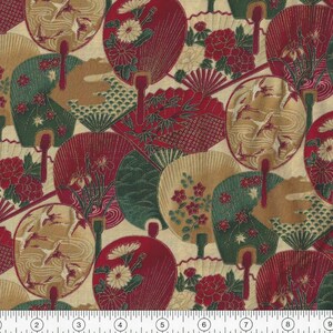 May include: A beige fabric with a repeating pattern of red, green and gold fans. The fans are decorated with floral and bird motifs.