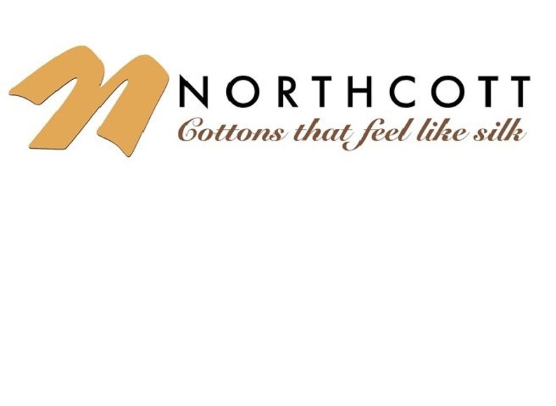 May include: A logo for Northcott featuring a stylized letter "M" in a light brown color. The text "Northcott" is in black and the tagline "Cottons that feel like silk" is in brown.