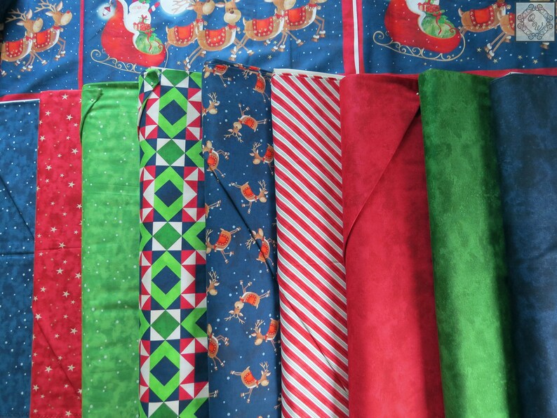 May include: Assortment of 10 fabric scraps in various Christmas patterns, including red and white stripes, green with white stars, blue with reindeer, and green with geometric shapes.