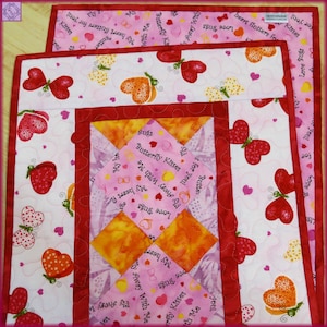 Quilted Table Runner, 14x38-inch, Pink Red Valentine Butterfly Kisses #556