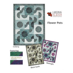 May include: Three quilt patterns featuring geometric shapes in different color combinations. The patterns are called "Iceberg", "Black Earth", and "Midnight". The patterns are from the "Shimmer" quilt book by Deborah Edwards.