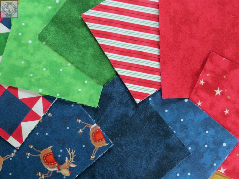 48 Precuts 5x5-inch from the Santa Stop Here fabric collection with coordinating Toscana's by Northcott . They have been straight rotary hand cut by me. Designed by Karen Tye Bentley, these medium weight cottons are easy to sew with a soft hand.