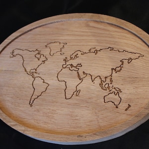 Wooden Serving Tray, World Map Carved Oak Board for Wall Decor, Round Cutting Board, Decorative Handcrafted Room Decor