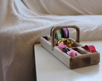 Wooden Jewelry Storage Box for Sewing, Crafts, Handmade Wooden Vintage Jewellery Organizer, Unique Gift Idea, Wood Trug Basket
