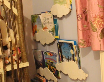 Wood Cloud Bookshelves Bookends | Wood Wall Hanging for Kids Room | Handmade Wall Bookshelf for Baby Nursery Decor | Unique Gift Idea