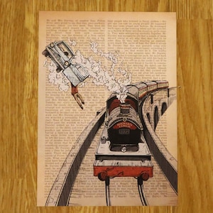 Locomotora de vapor con coche volador en la página del libro - Impresión/Ilustración - Potterhead