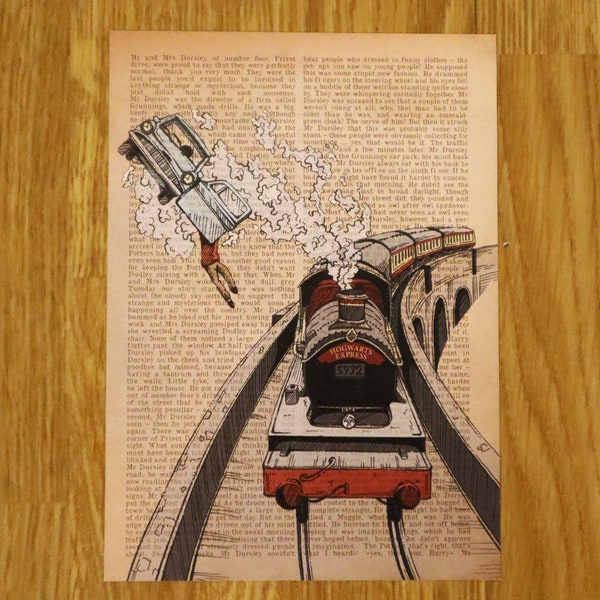 Steam locomotive with flying car on book page - print/illustration - Potterhead