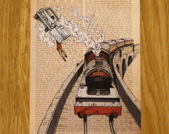 Steam locomotive with flying car on book page - print/illustration - Potterhead
