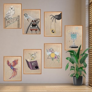 Può includere: Un set di otto stampe incorniciate con illustrazioni a tema Harry Potter. Le stampe sono tutte in bianco e nero con uno sfondo di pagina di libro vintage. Le illustrazioni includono una fenice, un libro, un treno, un boccino d'oro, uno stemma di Hogwarts, una coppa e le parole "Privet Drive".