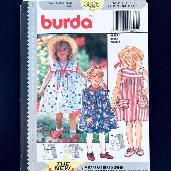 Burda 3825 Sewing Pattern Girls Dress, Sleeves or Sleeveless, Pockets, Collarless or Peter Pan & Sailor Collar, Size 18 months-2-3-4-5-6yrs