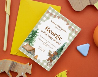 One Happy Camper Birthday Invitation Template, Camping 1st Birthday Invite, Boys 1st Birthday Invite Printable Invite Editable