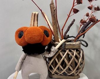 Handmade Velvet Orange Pumpkin Art Doll: Gothic Halloween Decor