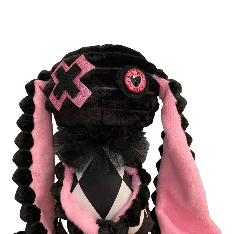 Ukraine shop, Art doll bad bunny with Long ears, Black and pink skeleton bunny doll, Creepy cute bunny plush image 4