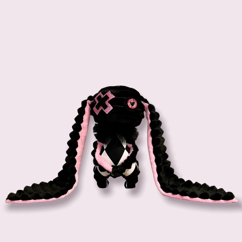 Ukraine shop, Art doll bad bunny with Long ears, Black and pink skeleton bunny doll, Creepy cute bunny plush image 8