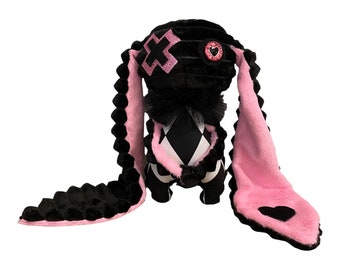 Negozio Ucraina, bambola d'arte coniglietto cattivo con orecchie lunghe, bambola coniglietto scheletro nero e rosa, peluche coniglietto carino inquietante