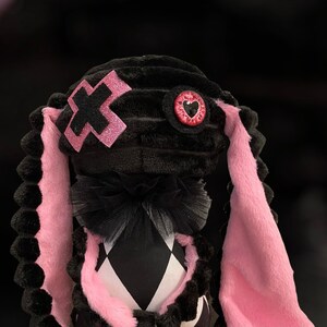 Ukraine shop, Art doll bad bunny with Long ears, Black and pink skeleton bunny doll, Creepy cute bunny plush image 9