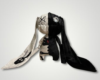 Art doll bad bunny with Long ears, Black skeleton bunny doll, Creepy cute bunny plush