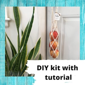 Peut inclure: Un porte-fruits en macramé contenant trois pommes rouges et jaunes. Le support est suspendu devant une porte blanche. Une grande plante verte avec des bords jaunes est à gauche. Le texte indique "DIY kit with tutorial."