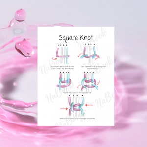 May include: A diagram showing how to tie a square knot. The diagram shows four cords labeled 1, 2, 3, and 4. The cords are colored blue, green, pink, and purple. The diagram shows the steps for tying the knot, with arrows indicating the direction of the cords. The text "Square Knot" is at the top of the diagram.