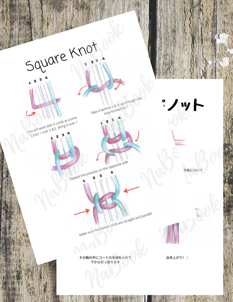 May include: A diagram showing how to tie a square knot using four cords. The diagram shows the steps in detail, with arrows indicating the direction of the cords. The text "Square Knot" is at the top of the diagram. The text "Take 4 behind 2 & 3, up through the loop formed by 1" is below the first step. The text "Repeat the process on the opposite side" is below the second step. The text "Make sure horizontal cords are straight and parallel" is below the third step. The text "その輪の中にコードの先端を入れて下から引き抜きます" is below the diagram. The text "ノット" is in a box on the right side of the diagram. The text "手前にひいて" is below the box. The text "出来上がり!" is below the text "手前にひいて".