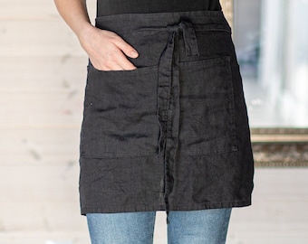 Linen apron for women, Cafe apron for catering, Short black apron for cooking, Linen waist apron with pocket, Handmade gift for waitress