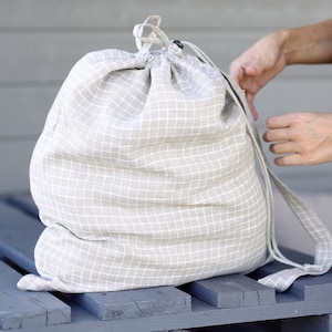 Laundry bag from natural linen, Large hanging laundry bag with handle and loops, Handmade hamper bag for laundry or dorm room