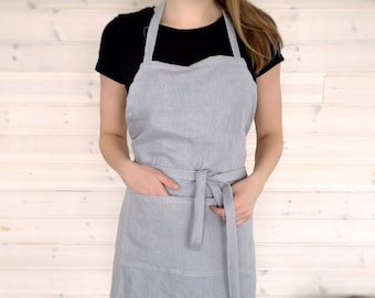 Linen apron for women, Washed linen apron for cooking, art, gardening, Full apron in grey, beige, blue, green, mustard, black colours