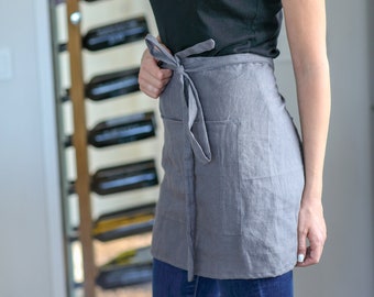 Linen cafe apron, Half linen apron with long waistbands for catering, cooking, gardening, art, Waist tie washed linen apron for gift