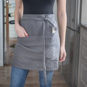 Linen Cafe Apron washed linen apron Craft Apron Short Apron Tea Linen Apron Linen Apron Restaurant apron Dark grey