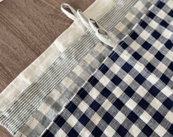 Linen tea towel set of 2, Washed linen kitchen towels with loops in checked, striped, natural linen, Natural towel for dish, hands, cooking