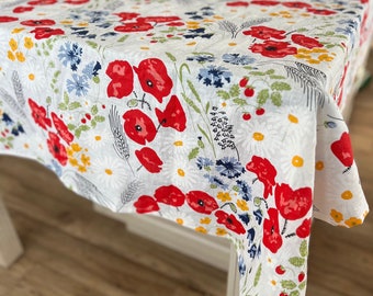 Linen tablecloth with flowers, Table linens with floral print, Poppy, summer, spring style table decor for dinner party, Easter celebration