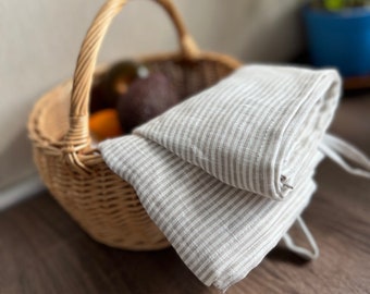 Linnen theedoek, Onthard linnen keukenhanddoek met lus, Natuurlijk keukengerei voor thuis en koken, Gastendoekjes in beige strepenkleur