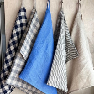 Linen tea towel with loop, Natural washed kitchen towel, Checked, striped linen decor for farmhouse ,Handmade linen gift