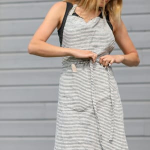 Linen apron, Striped apron for cooking, gardening, art, Washed linen apron for woman with pocket and long waistbands, Farmhouse gift idea