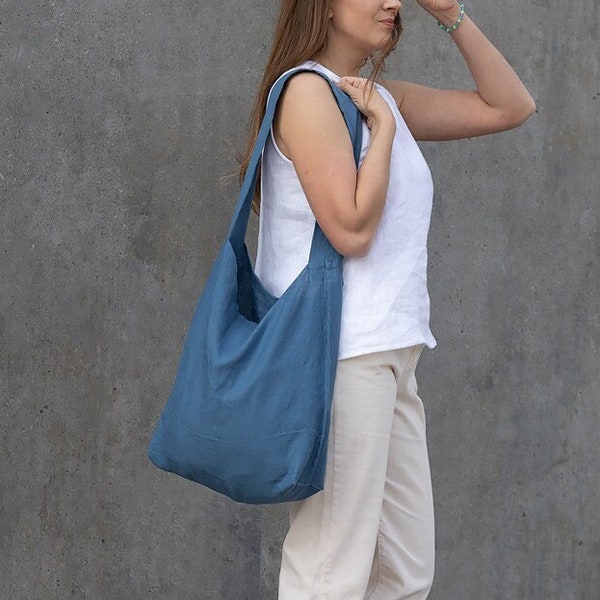 Linen bag in various colors, shopping bag, washed linen tote bag with phone pocket inside