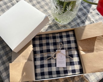 Linen tablecloth in gift box, Plaid washed linen tablecloth for home or farmhouse decor, Checkered rectangular or square linen tablecloth