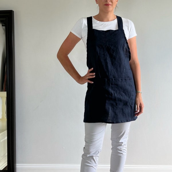 Linen apron, cross back apron in various colours,  perfect for kitchen, art, crafting, gardening. Natural softened linen