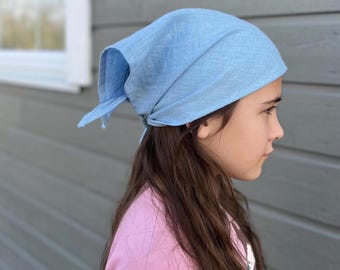 Hair Bandana Scarf, Linen Sky Blue Headscarf, Handmade natural Bandana, Minimalist Hair Accessory for head and neck
