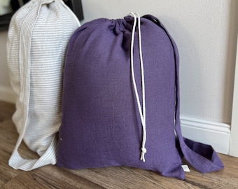 Linen laundry bag, Large hanging laundry bag with handle and loops, Washed linen Storage bag with drawstring, House organising gift