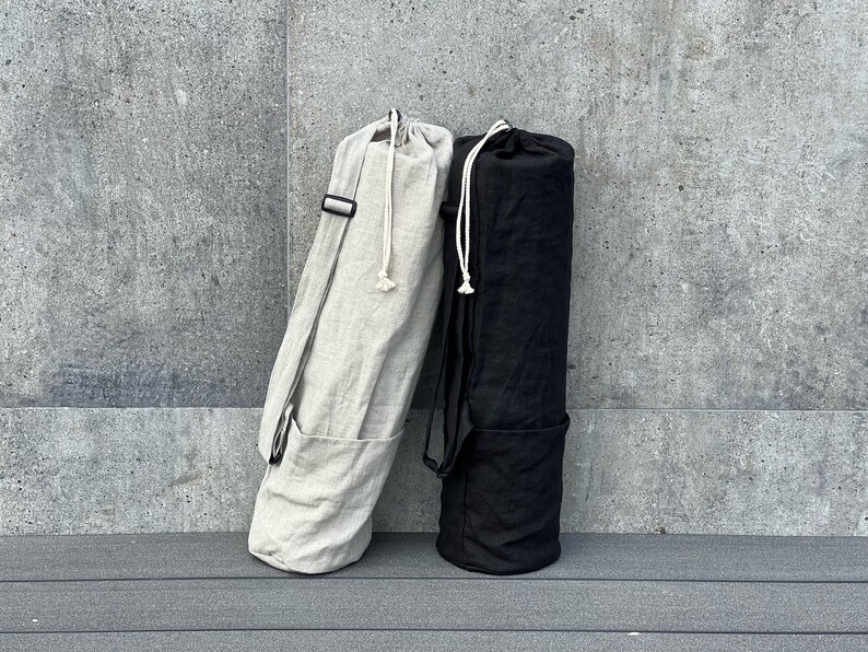 Linen mat bag with adjustable handle. 100% natural linen bag is perfect to carry standard mat for yoga, pilates or any other activity.