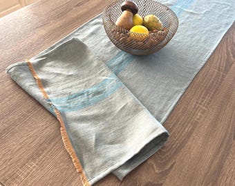 Washed Linen Table Runner ,Natural Linen Table Decor with Stripes, Rustic Farmhouse Runner, Turquoise or Brown