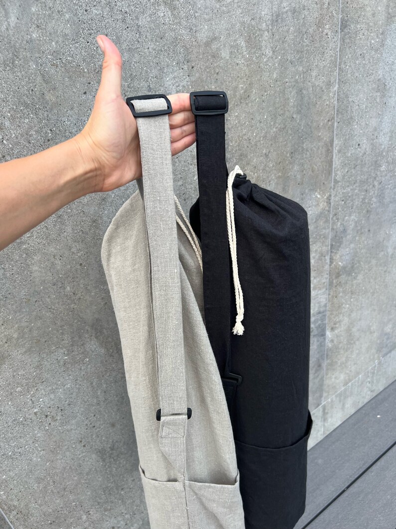 Linen mat bag with adjustable handle. 100% natural linen bag is perfect to carry standard mat for yoga, pilates or any other activity.