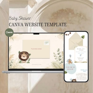 Może przedstawiać: Szablon strony internetowej Canva na baby shower wyświetlony na laptopie i smartfonie. Projekt zawiera akwarelowego lwa, tropikalne liście oraz grafikę koperty z tekstem "You've been invited" oraz "Click for the registry."